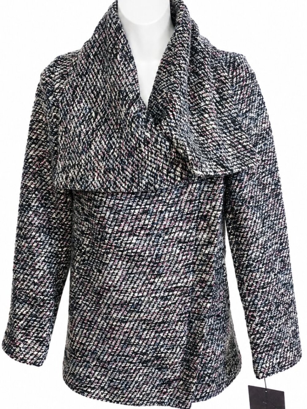 XS Women’s Black White Textured Pea Coat Collar Asymmetrical Wrap Jacket